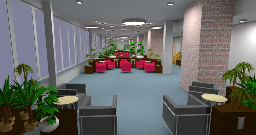 Relux 3D view of a care home atrium in true colour 