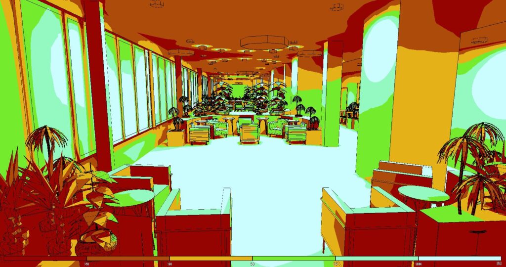 Relux 3D view of a care home atrium in pseudo colour to show even distribution across the floor space